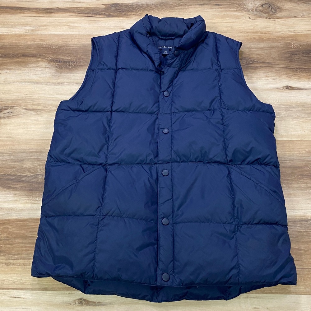 Lands End Puffer Vest XL 18-20 Navy Blue Goose Down Quilted Snap Front Outerwear